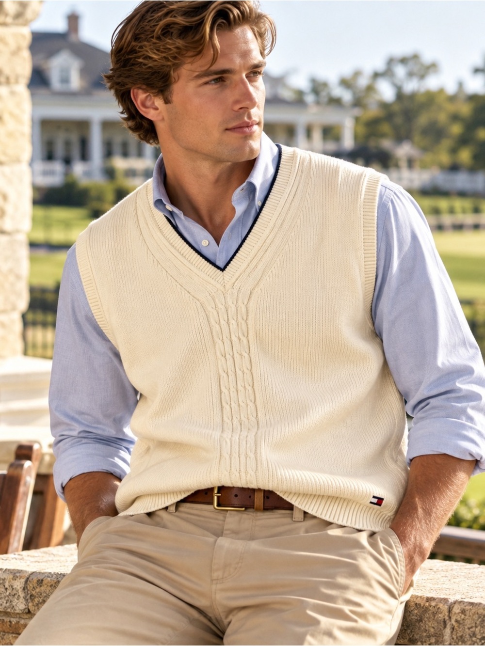 Vintage Tommy Hilfiger Cable Knit Sweater Vest L Cream V Neck 90s Preppy